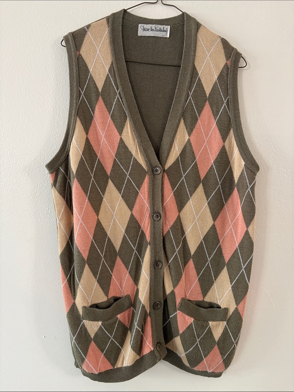 VINTAGE Diane Von Furstenberg Olive Argyle Knit Vest with Cream Accents